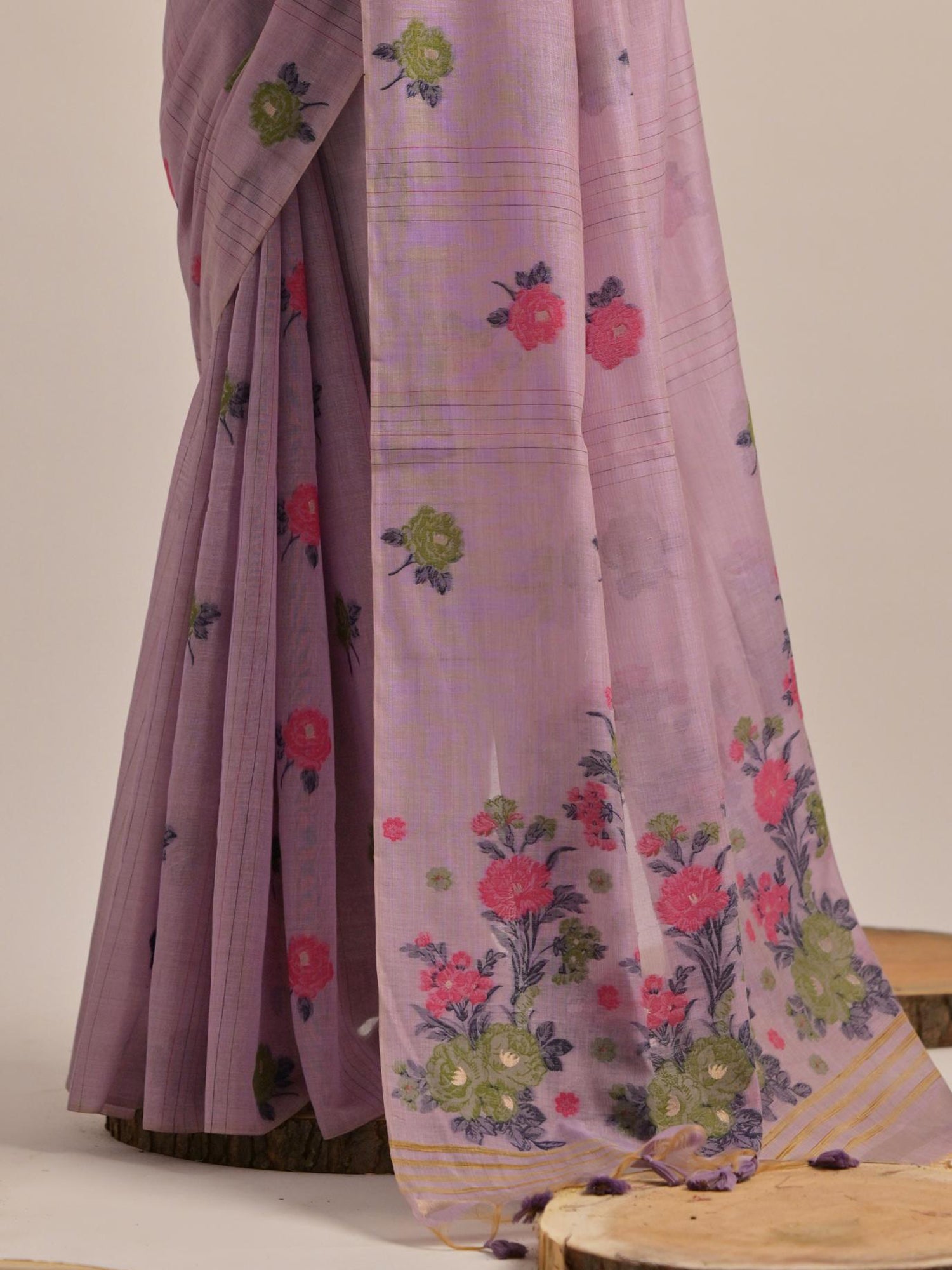 Glamorous Purple Floral Weaving Printed Cotton Festive Wear Saree
