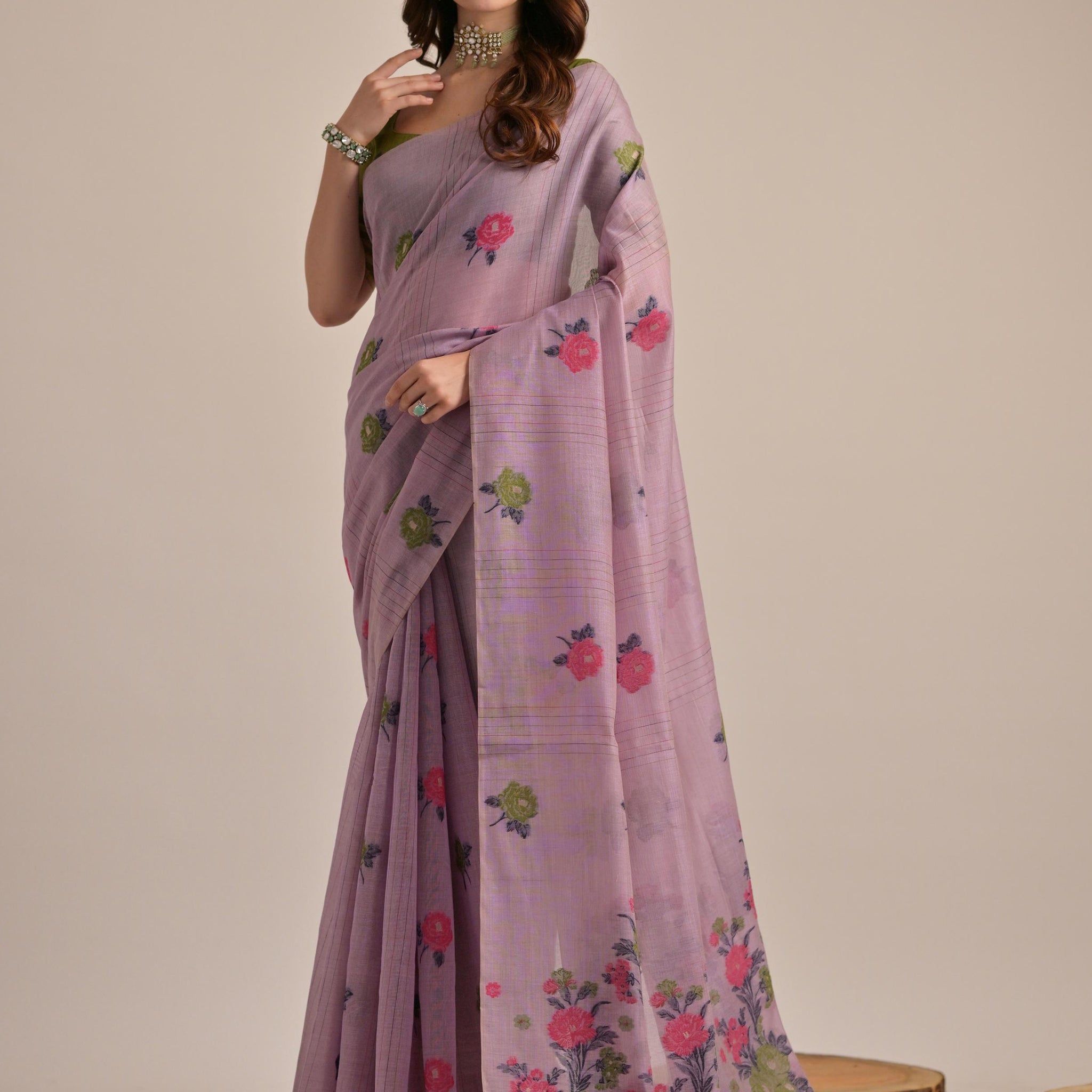 Glamorous Purple Floral Weaving Printed Cotton Festive Wear Saree