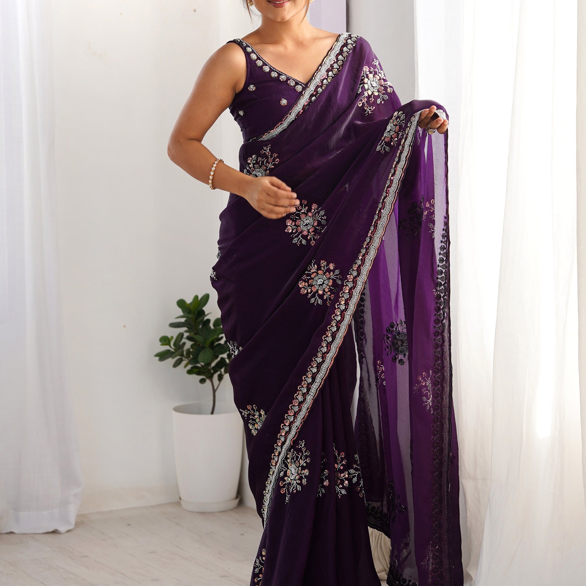 Enchanting Purple Beads Work Satin Festival Wear Saree With Blouse