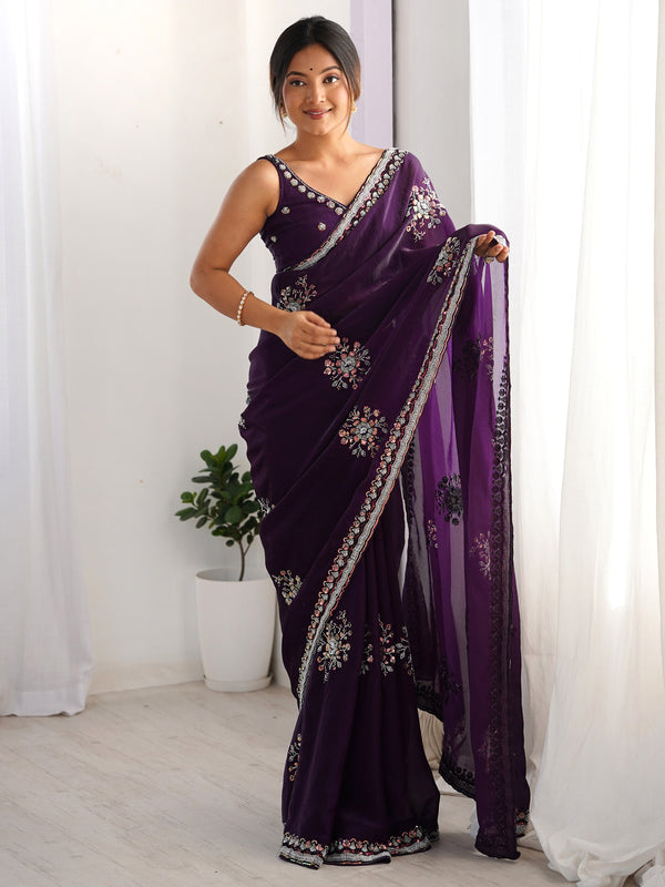 Enchanting Purple Beads Work Satin Festival Wear Saree With Blouse