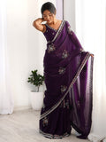 Enchanting Purple Beads Work Satin Festival Wear Saree With Blouse