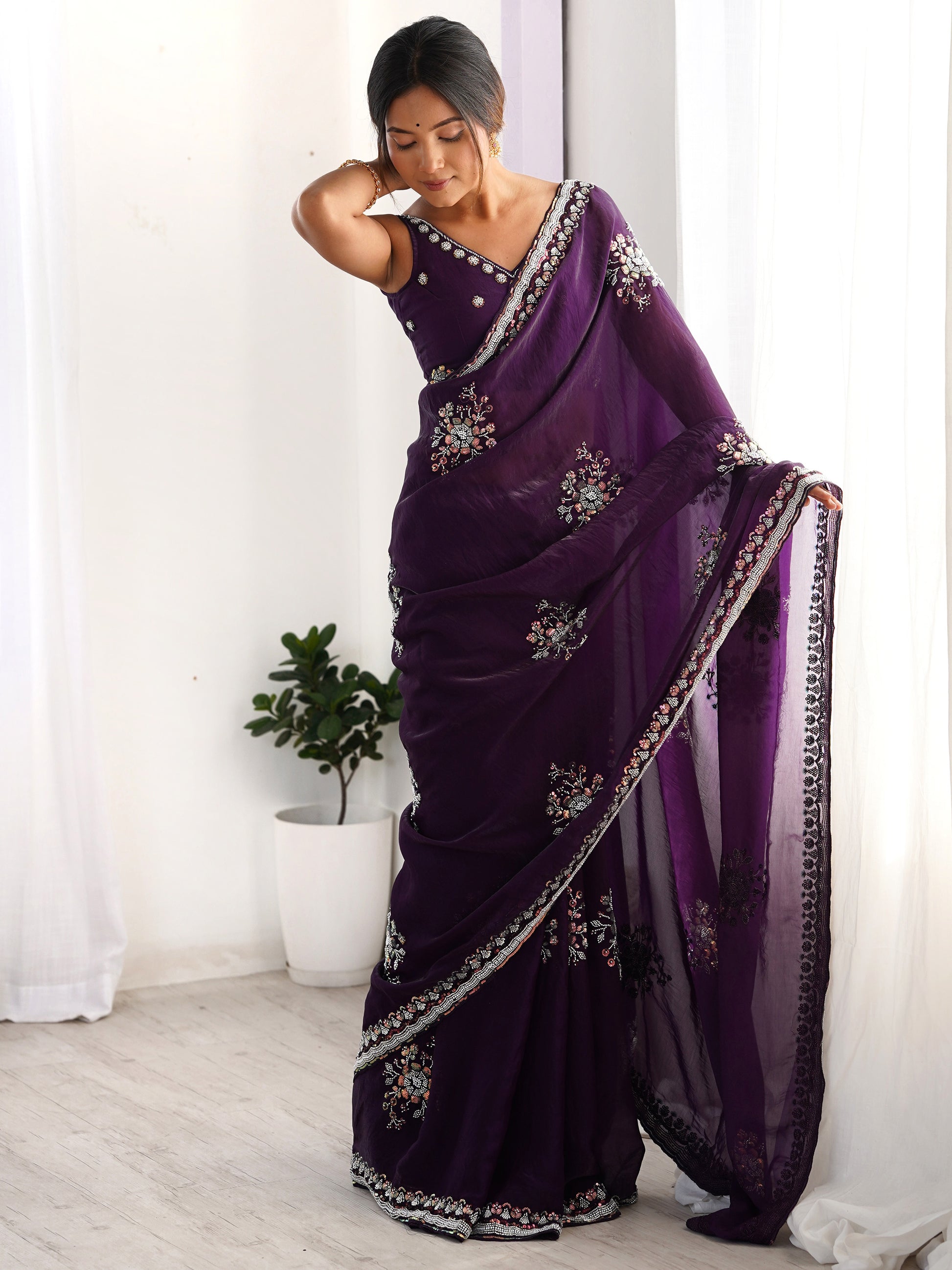 Enchanting Purple Beads Work Satin Festival Wear Saree With Blouse