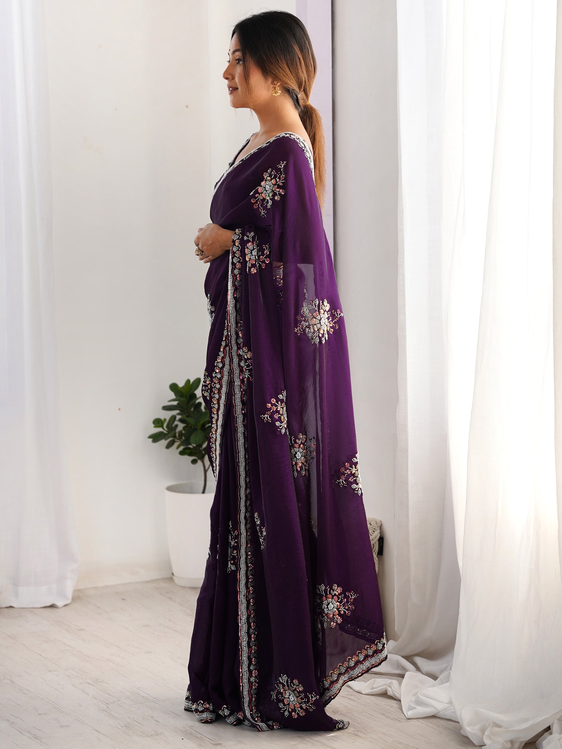 Enchanting Purple Beads Work Satin Festival Wear Saree With Blouse