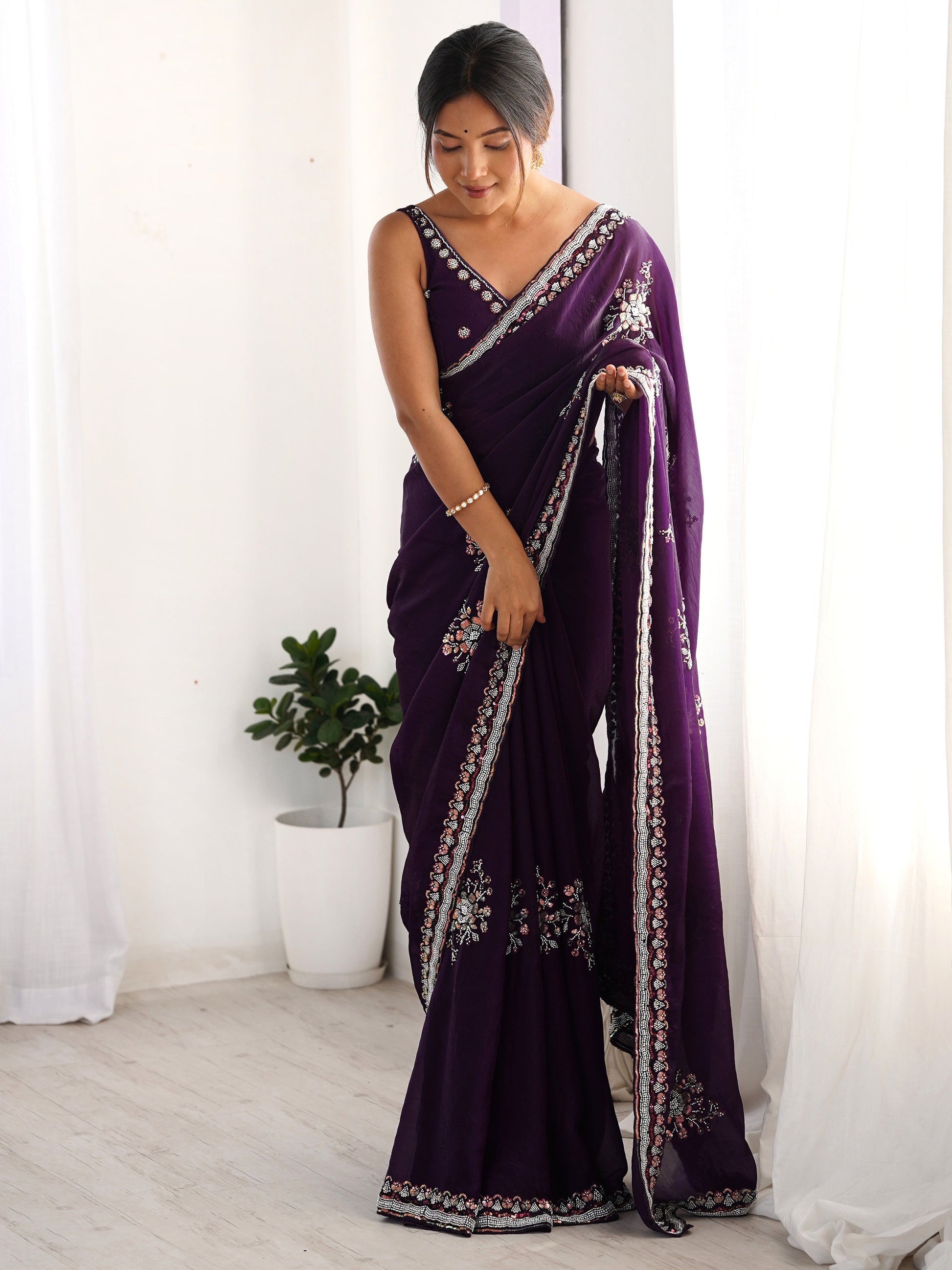Enchanting Purple Beads Work Satin Festival Wear Saree With Blouse