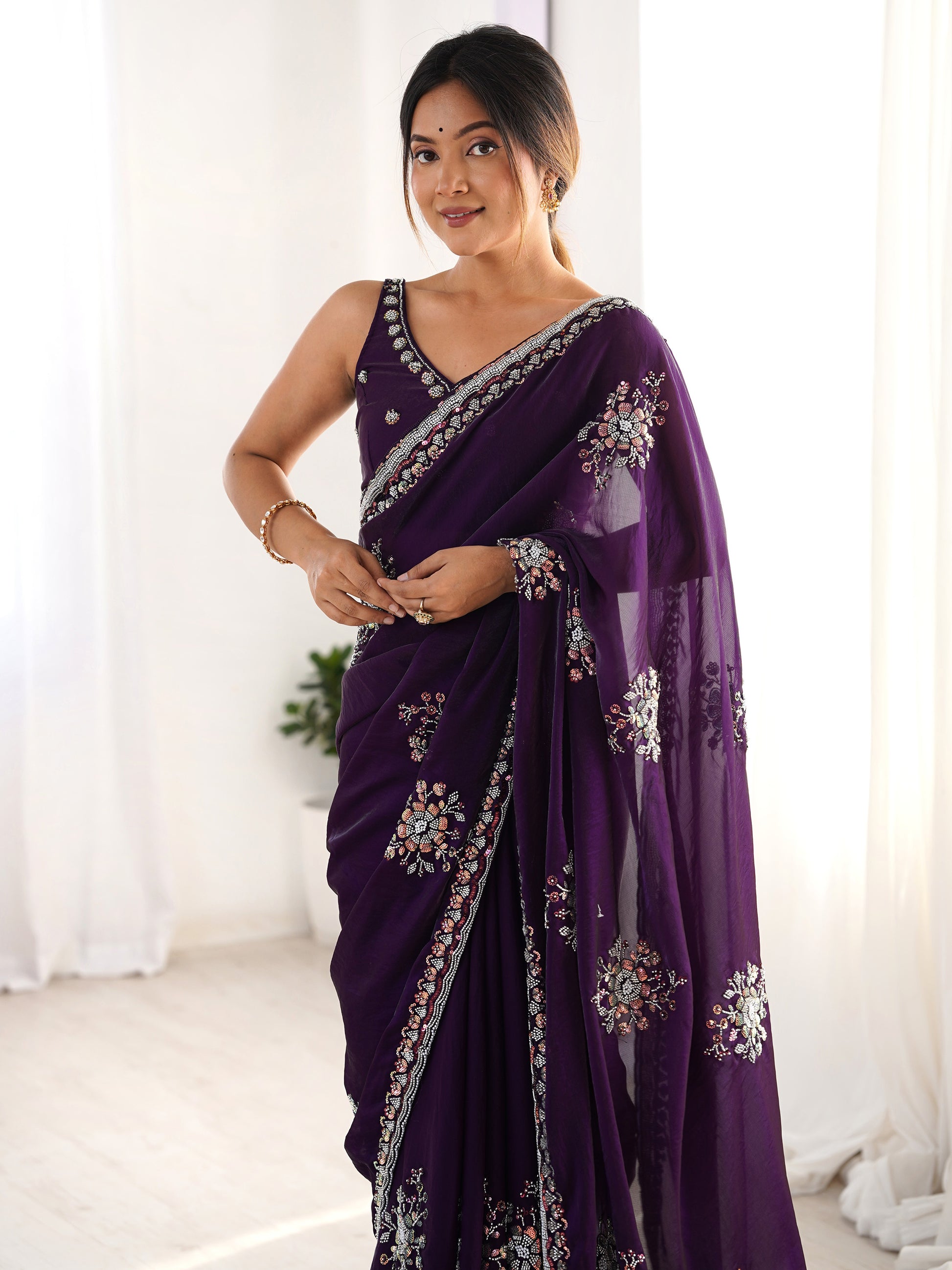 Enchanting Purple Beads Work Satin Festival Wear Saree With Blouse