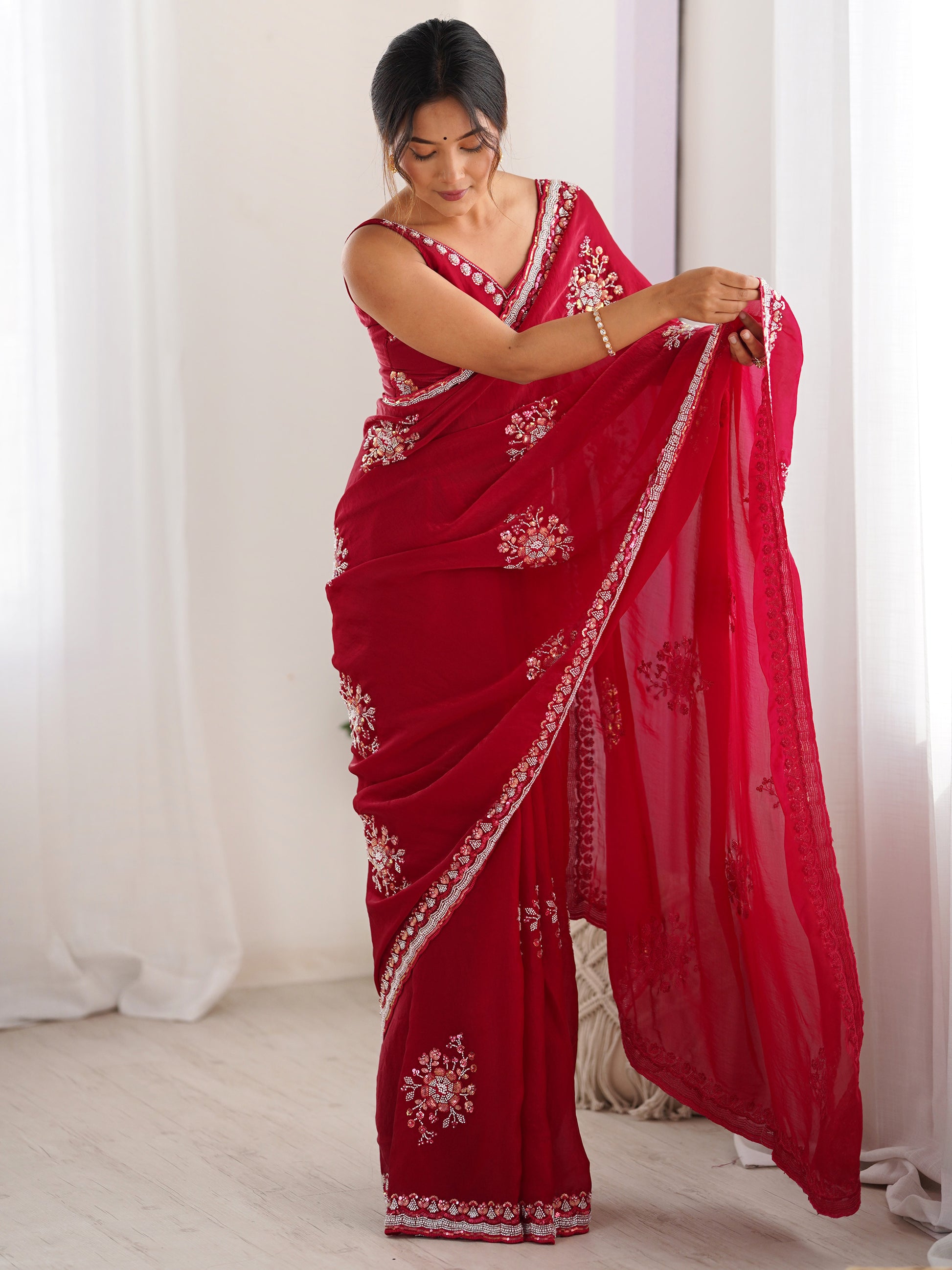 Attractive Coral Red Beads Work Satin Engagement Wear Saree