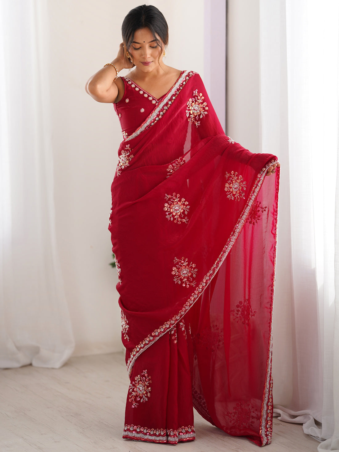 Attractive Coral Red Beads Work Satin Engagement Wear Saree