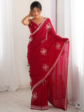 Attractive Coral Red Beads Work Satin Engagement Wear Saree