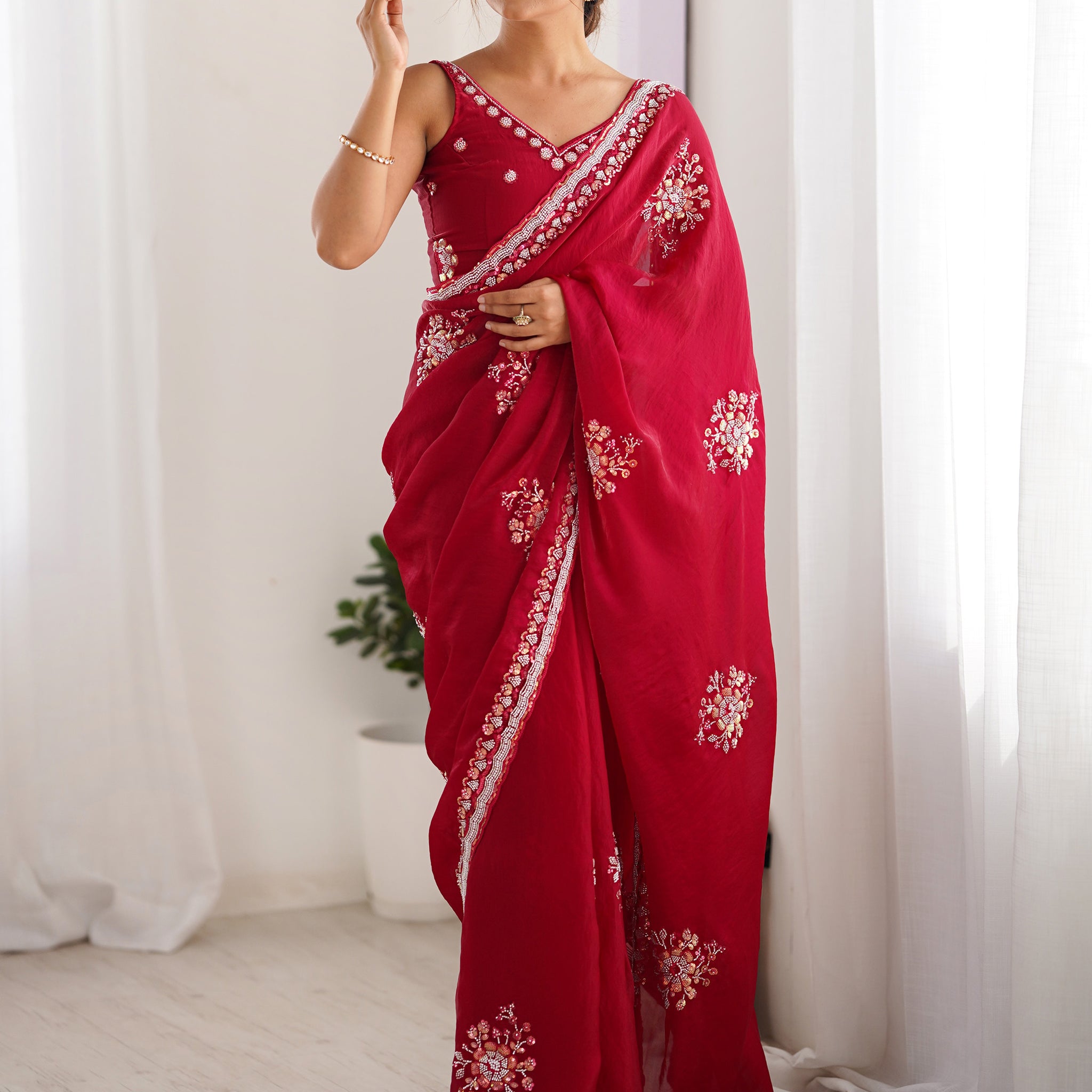 Attractive Coral Red Beads Work Satin Engagement Wear Saree