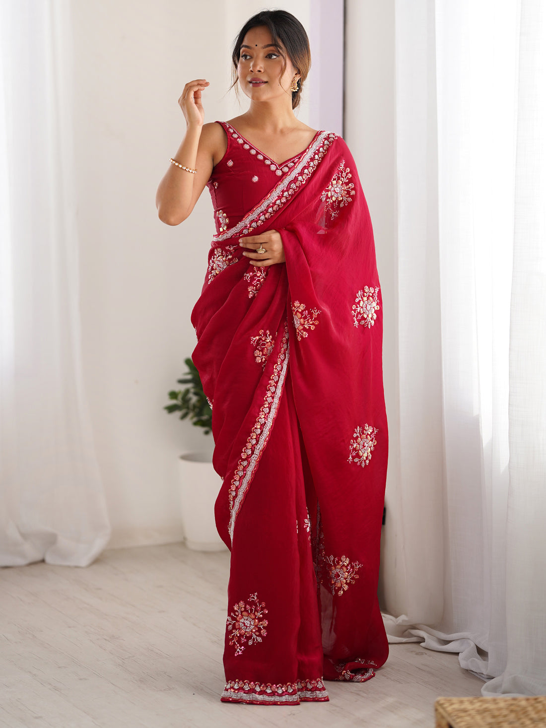Attractive Coral Red Beads Work Satin Engagement Wear Saree