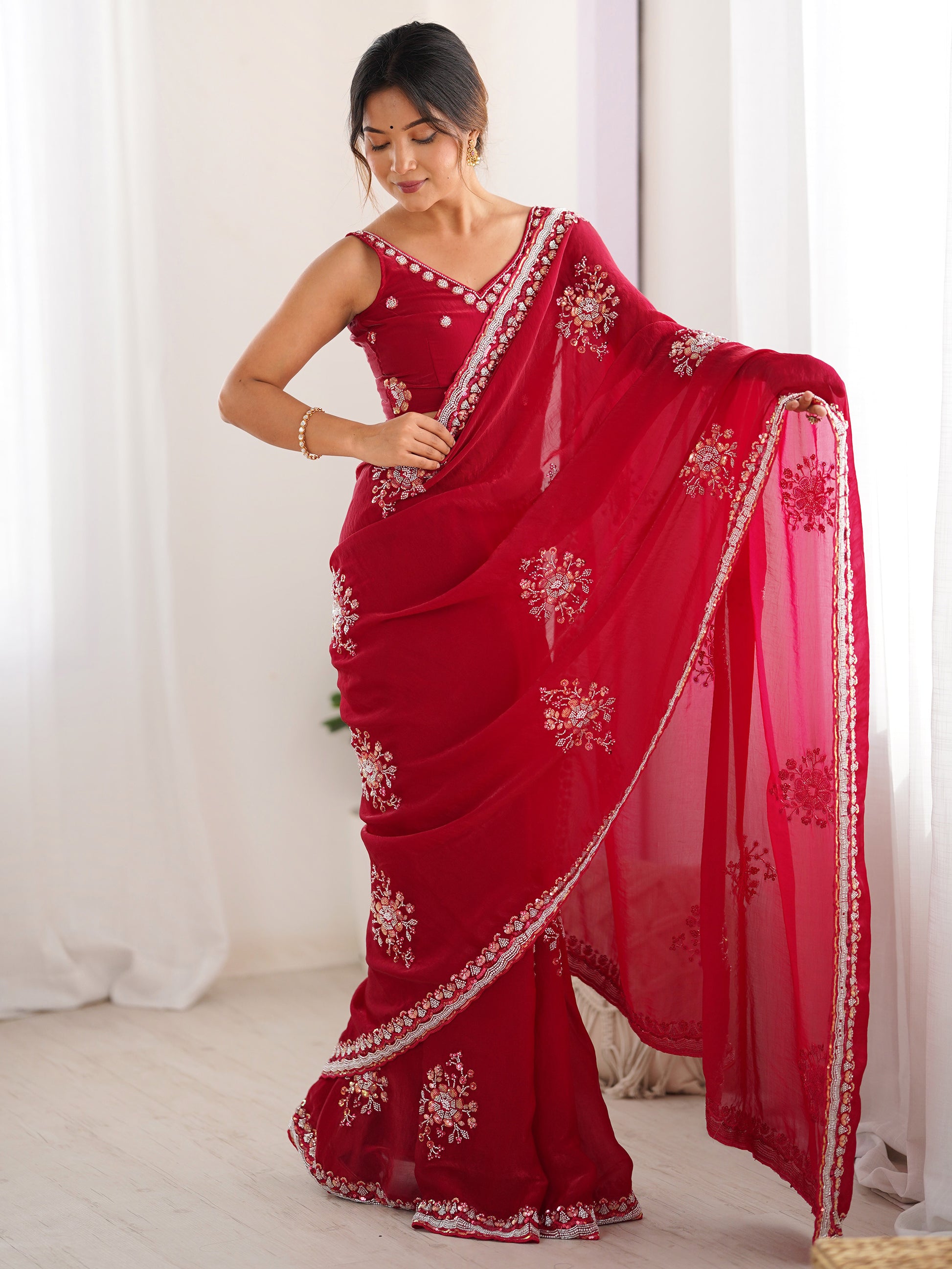 Attractive Coral Red Beads Work Satin Engagement Wear Saree