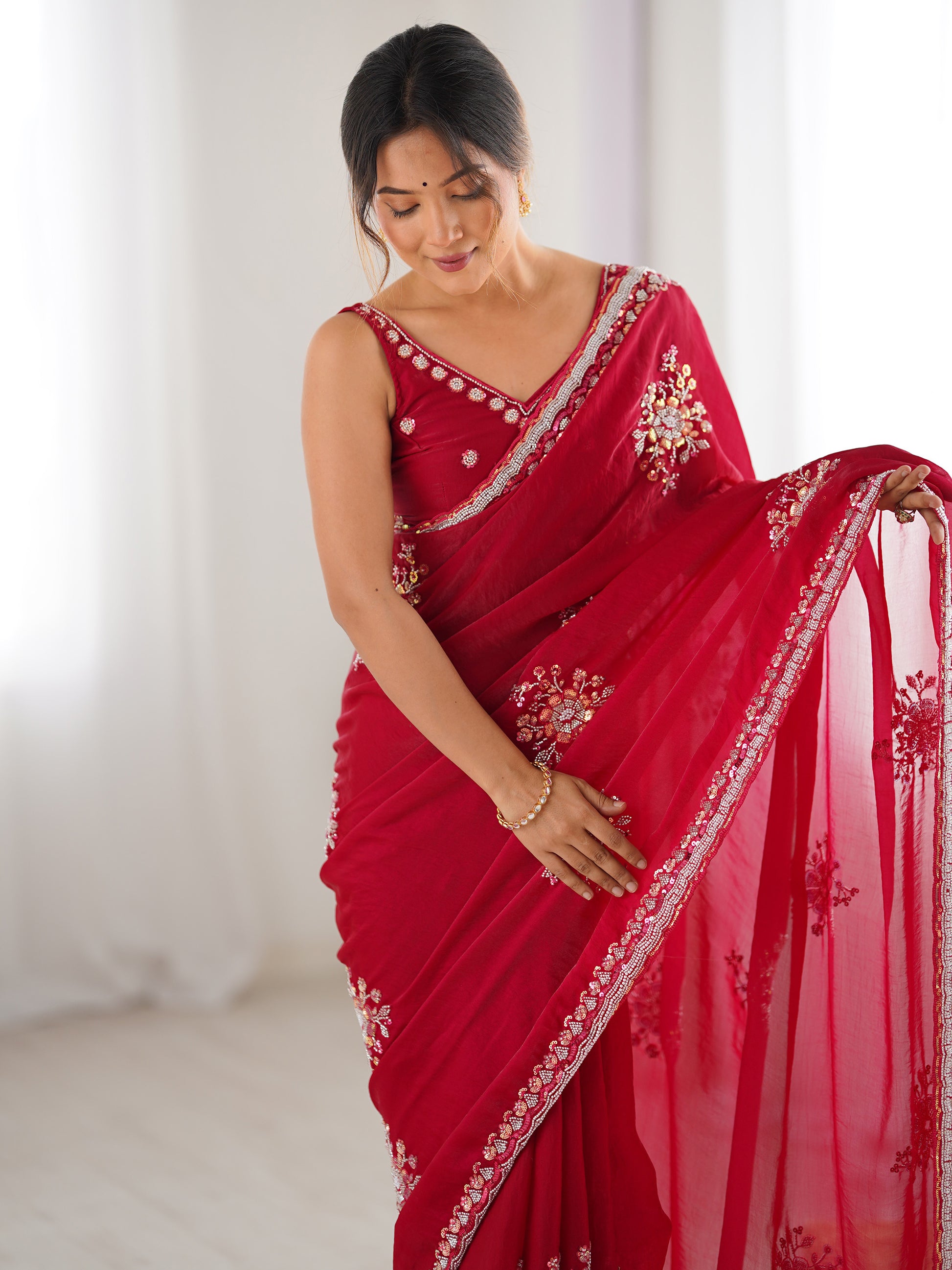 Attractive Coral Red Beads Work Satin Engagement Wear Saree