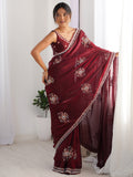 Delightful Wine Beads Work Satin Party Wear Saree With Blouse