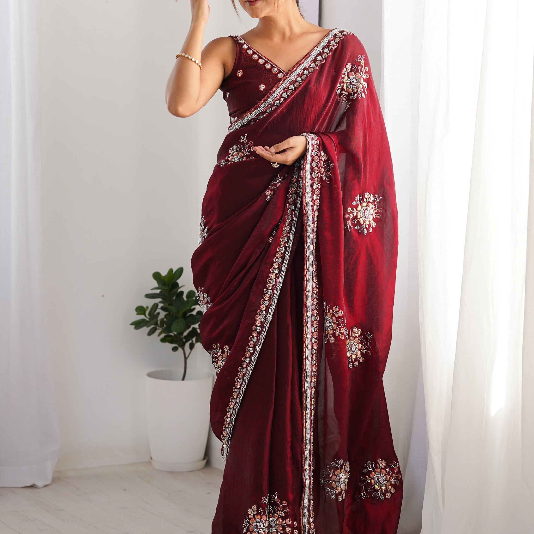 Delightful Wine Beads Work Satin Party Wear Saree With Blouse