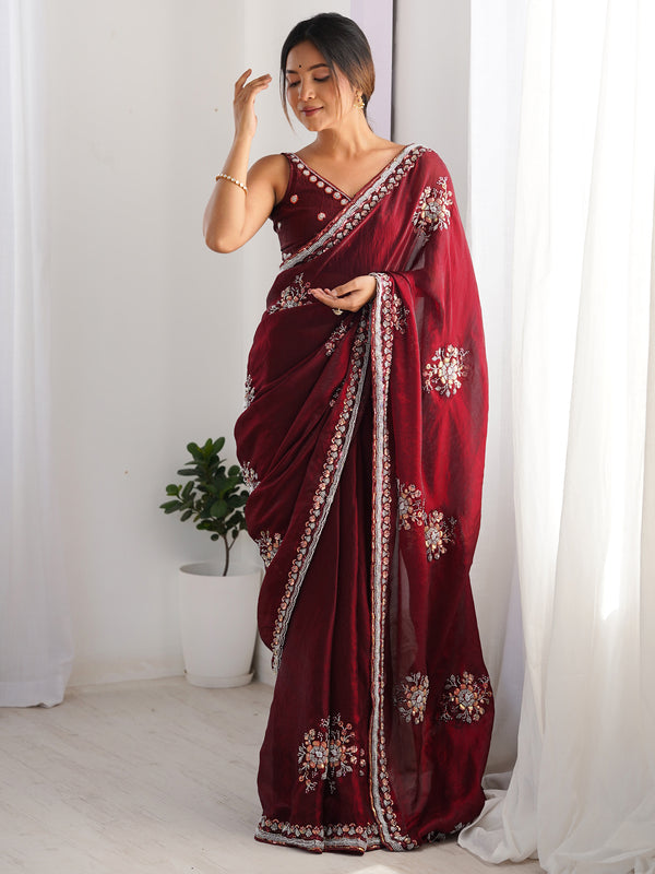 Delightful Wine Beads Work Satin Party Wear Saree With Blouse
