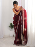 Delightful Wine Beads Work Satin Party Wear Saree With Blouse
