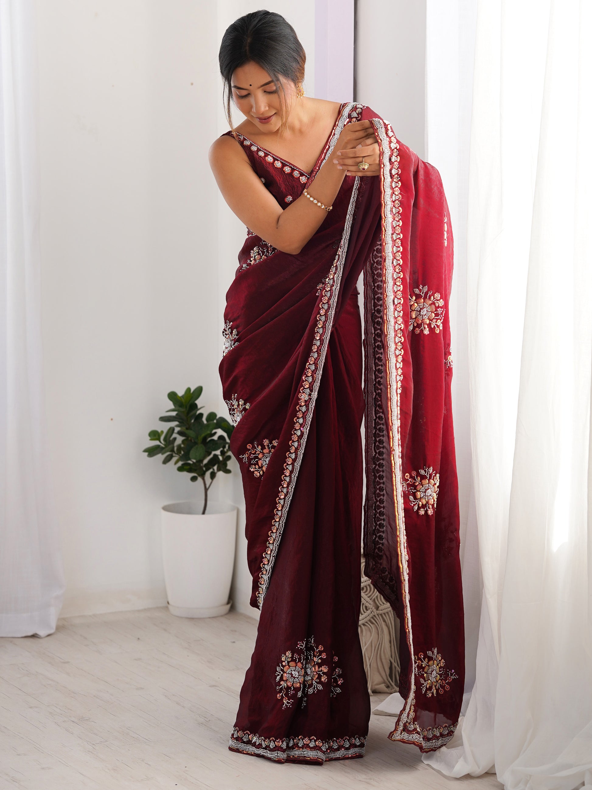 Delightful Wine Beads Work Satin Party Wear Saree With Blouse