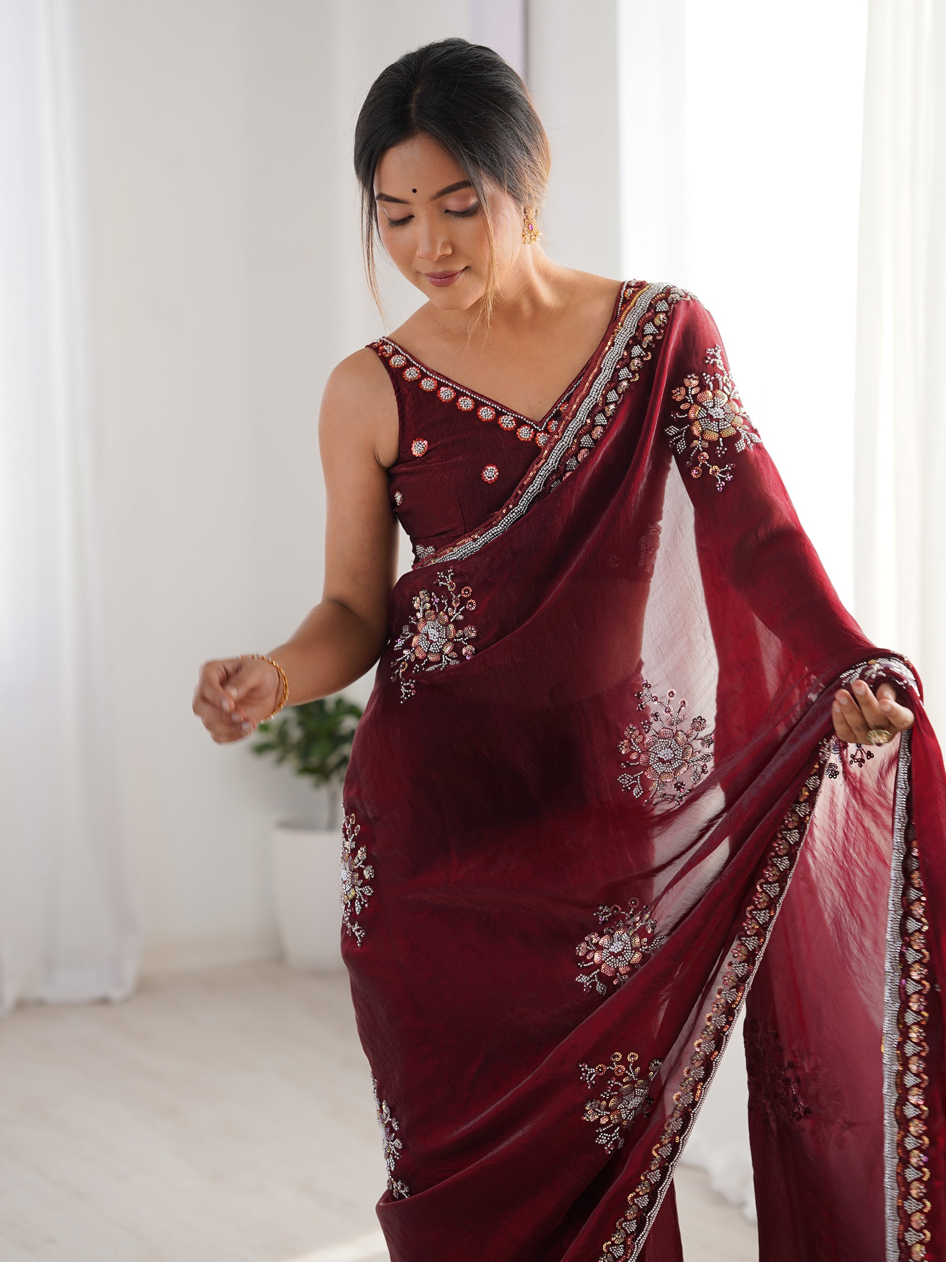 Delightful Wine Beads Work Satin Party Wear Saree With Blouse