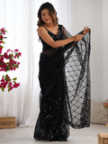 Adorable Black Sequins Net Party Wear Saree With Blouse