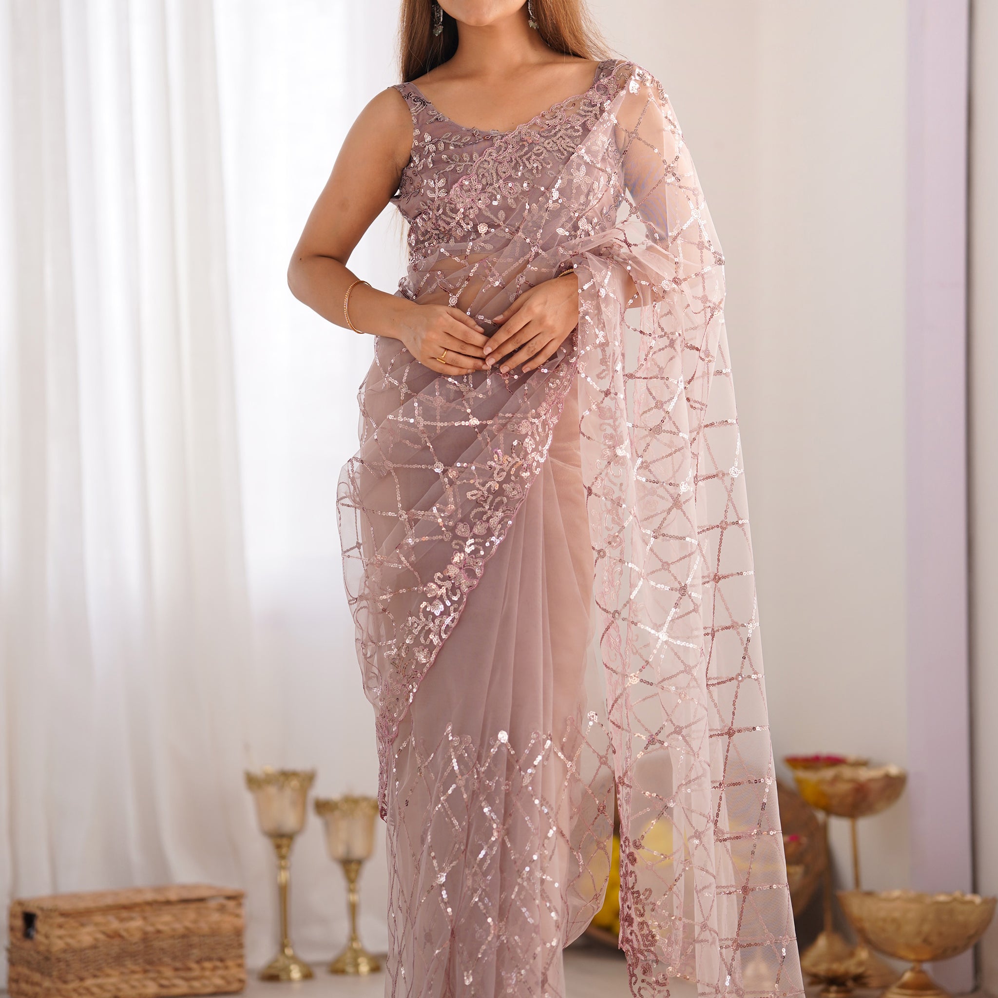 Sweet Peach Sequins Net Reception Wear Saree With Blouse