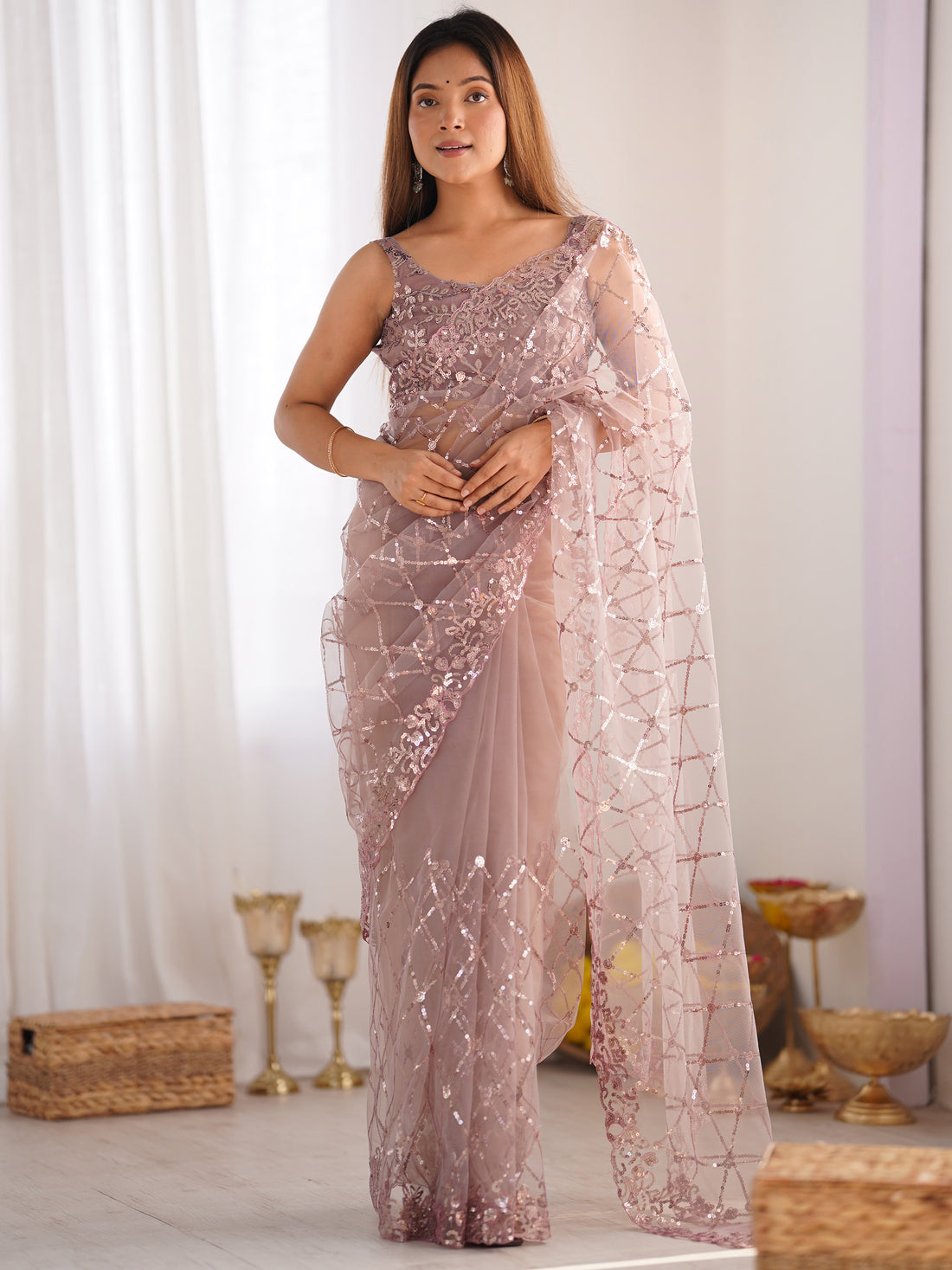 Sweet Peach Sequins Net Reception Wear Saree With Blouse