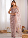 Sweet Peach Sequins Net Reception Wear Saree With Blouse