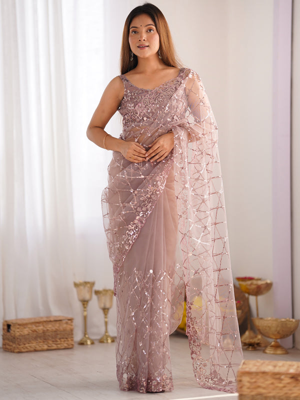 Sweet Peach Sequins Net Reception Wear Saree With Blouse