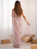 Sweet Peach Sequins Net Reception Wear Saree With Blouse