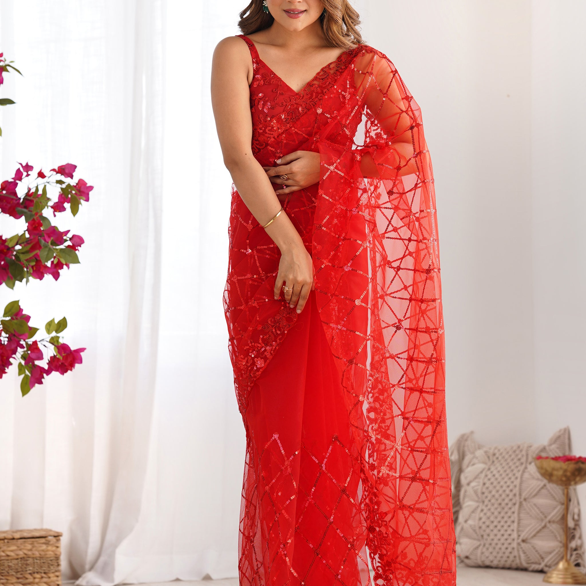Precious Red Sequins Net Cocktail Party Wear Saree With Blouse