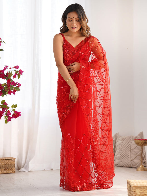 Precious Red Sequins Net Cocktail Party Wear Saree With Blouse