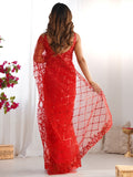 Precious Red Sequins Net Cocktail Party Wear Saree With Blouse