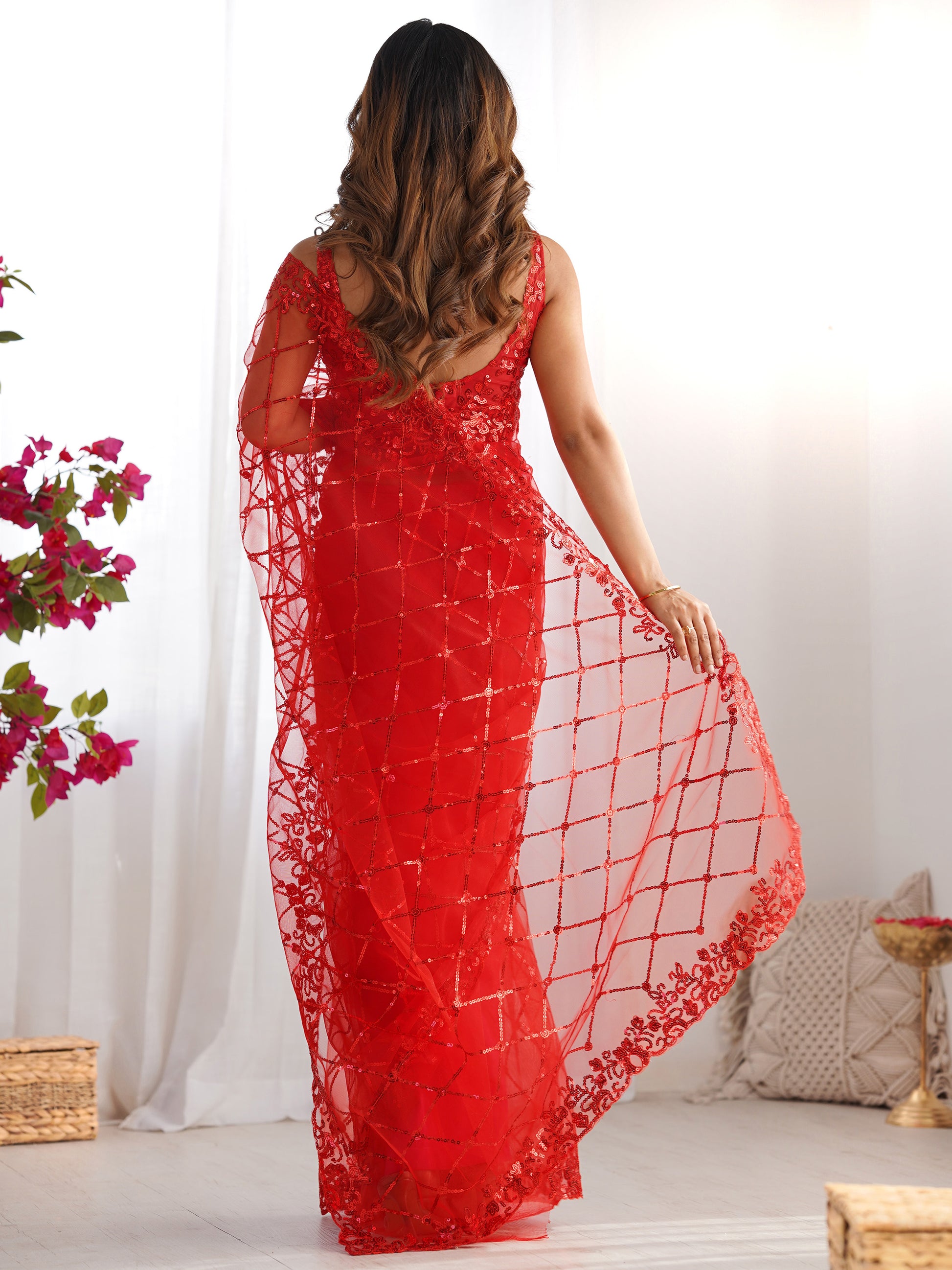Precious Red Sequins Net Cocktail Party Wear Saree With Blouse