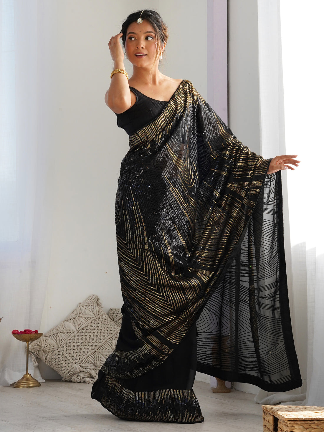 Graceful Black Sequins Georgette Party Wear Saree With Blouse