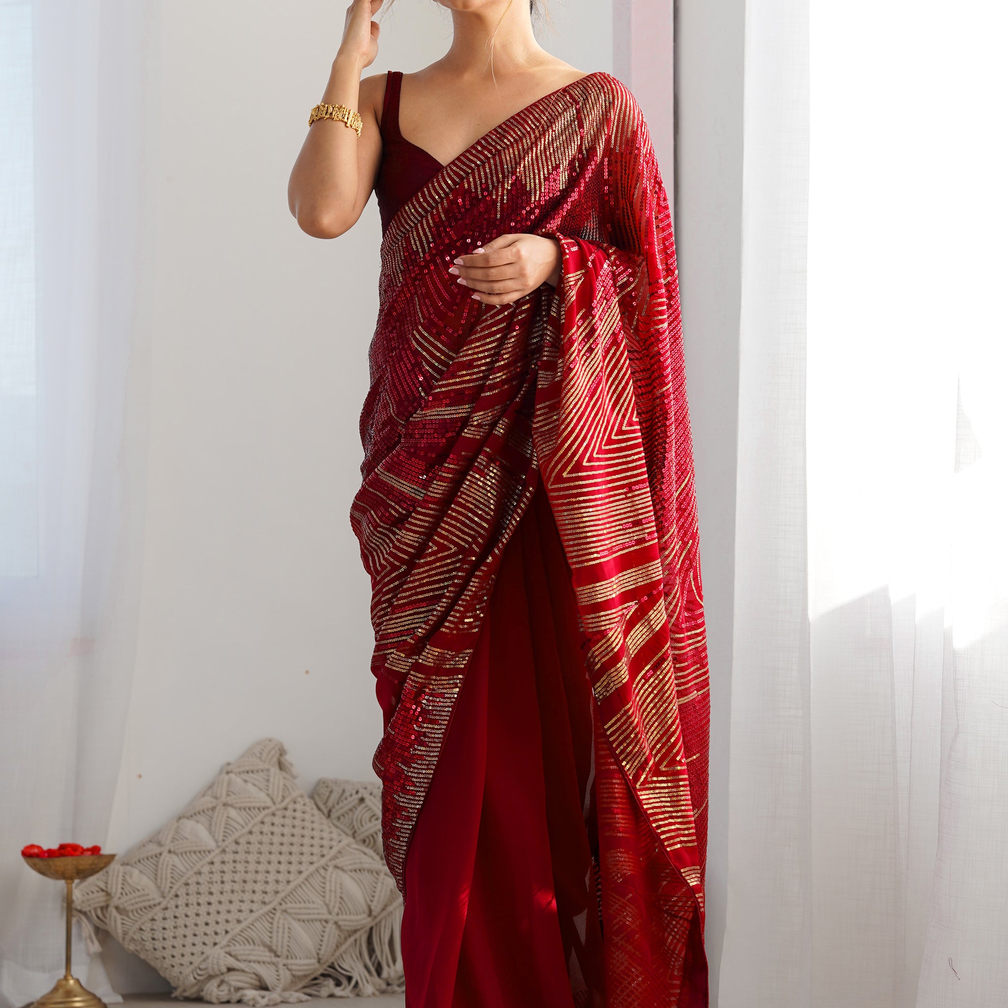 Fascinating Maroon Sequins Georgette Event Wear Saree With Blouse