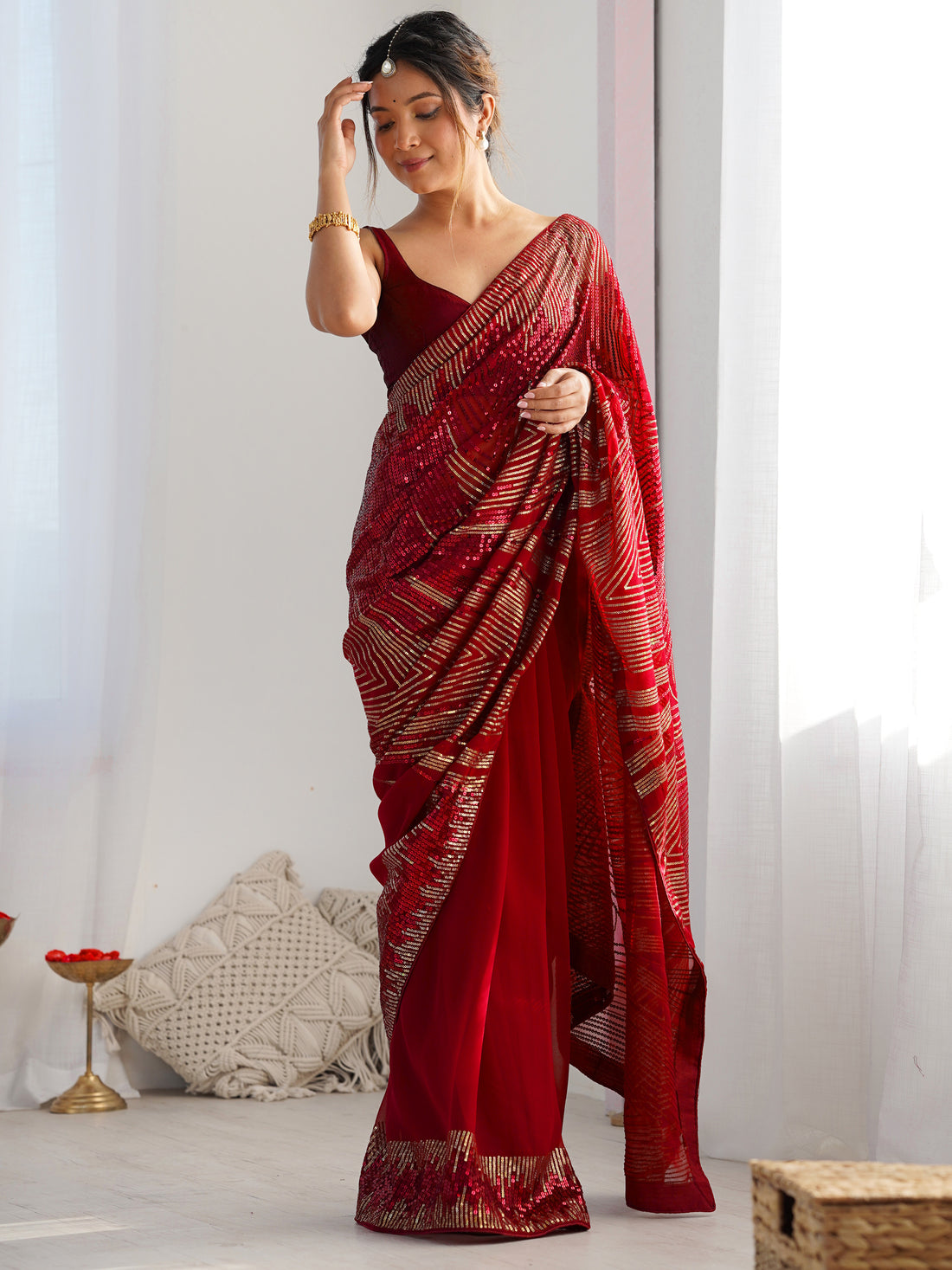 Fascinating Maroon Sequins Georgette Event Wear Saree With Blouse