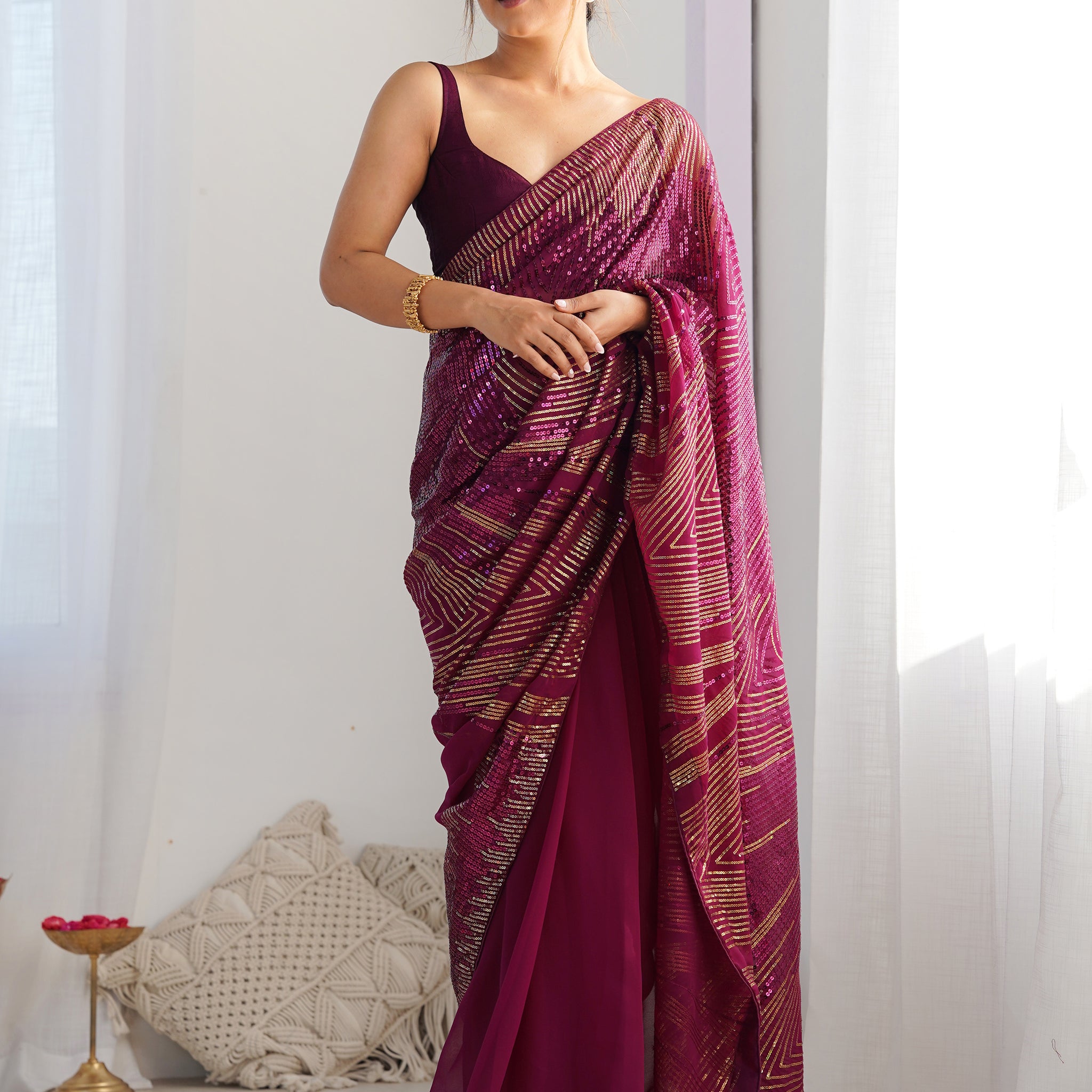 Alluring Wine Sequins Georgette Reception Wear Saree With Blouse