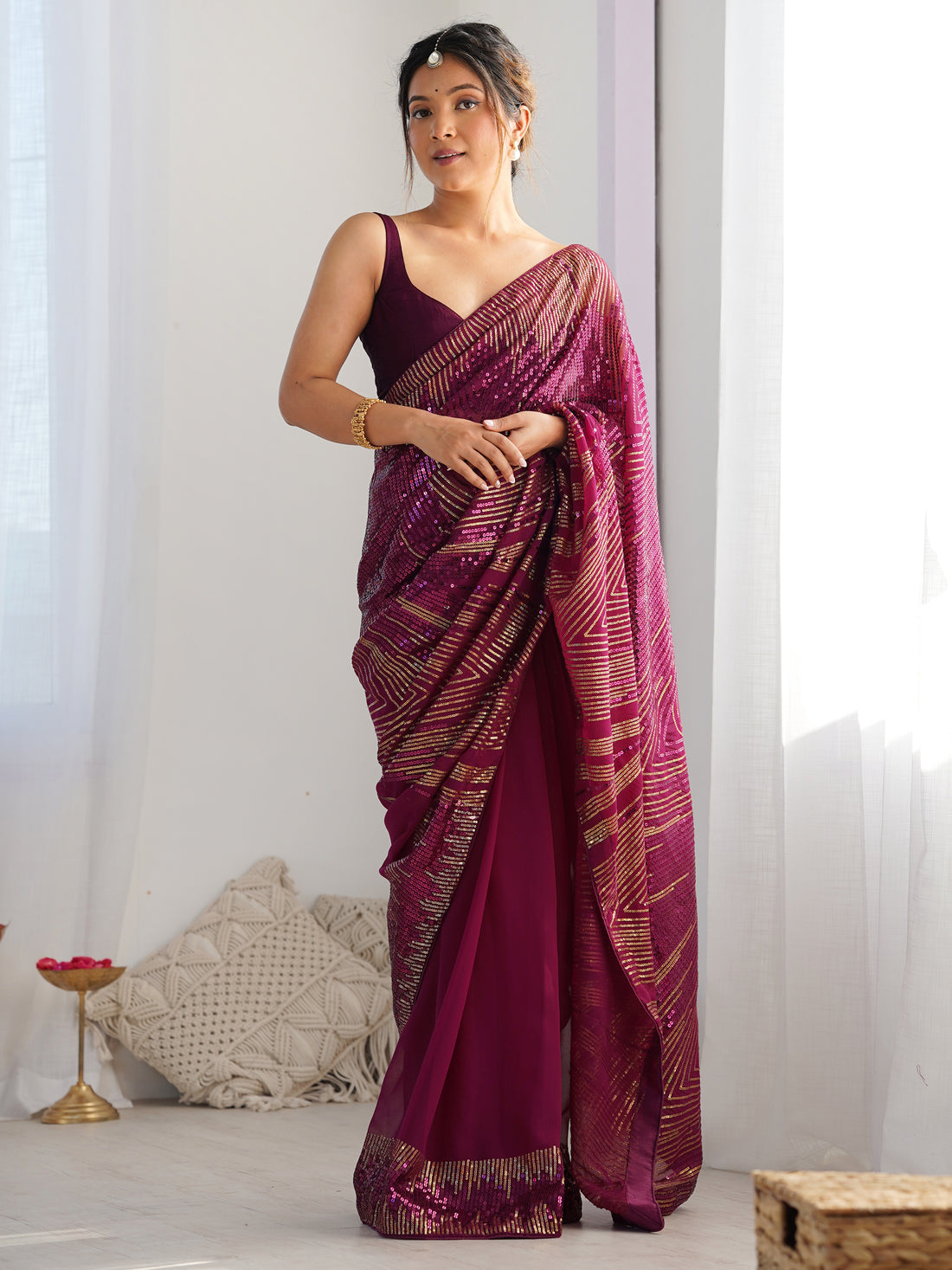 Alluring Wine Sequins Georgette Reception Wear Saree With Blouse