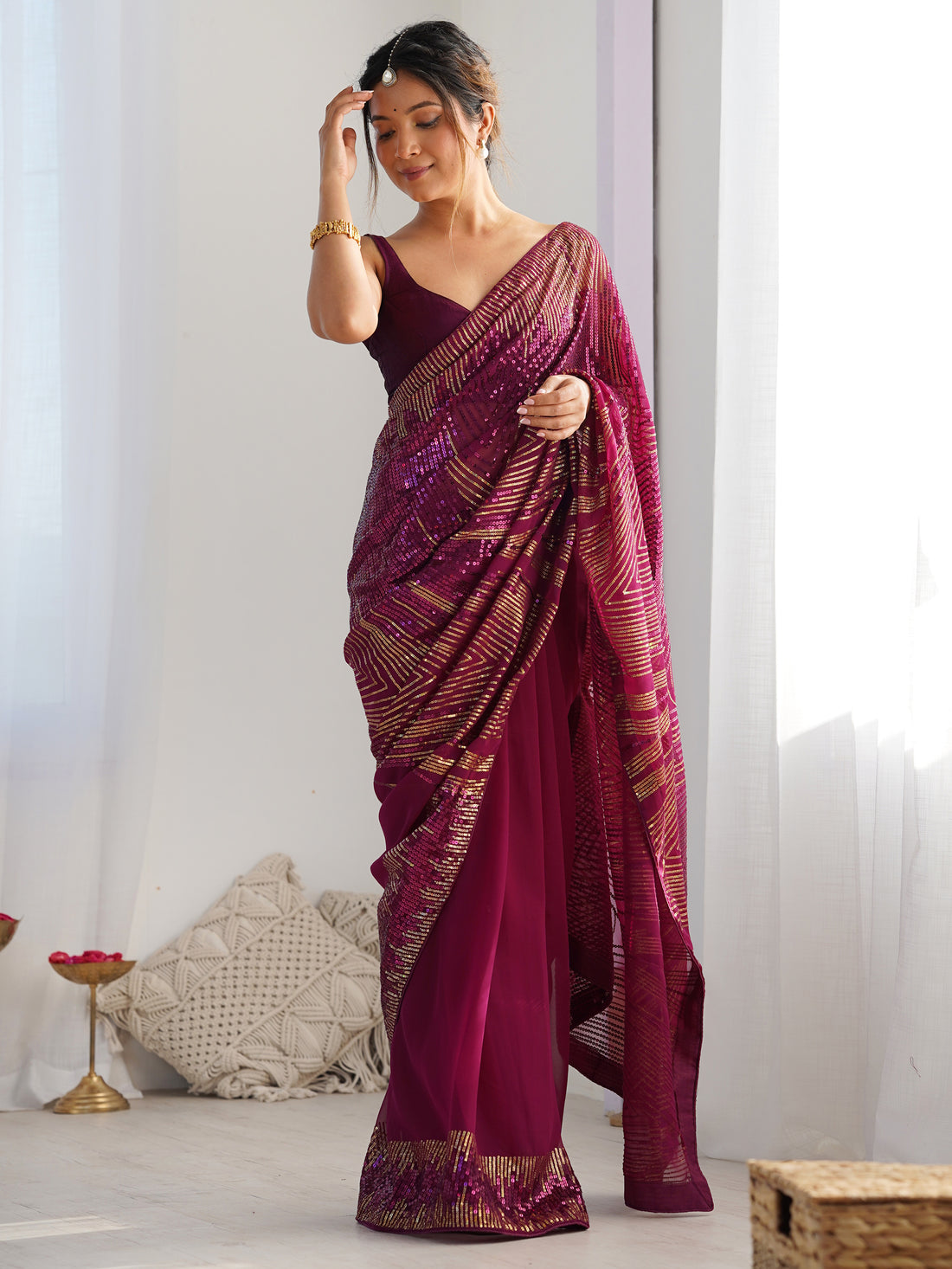 Alluring Wine Sequins Georgette Reception Wear Saree With Blouse