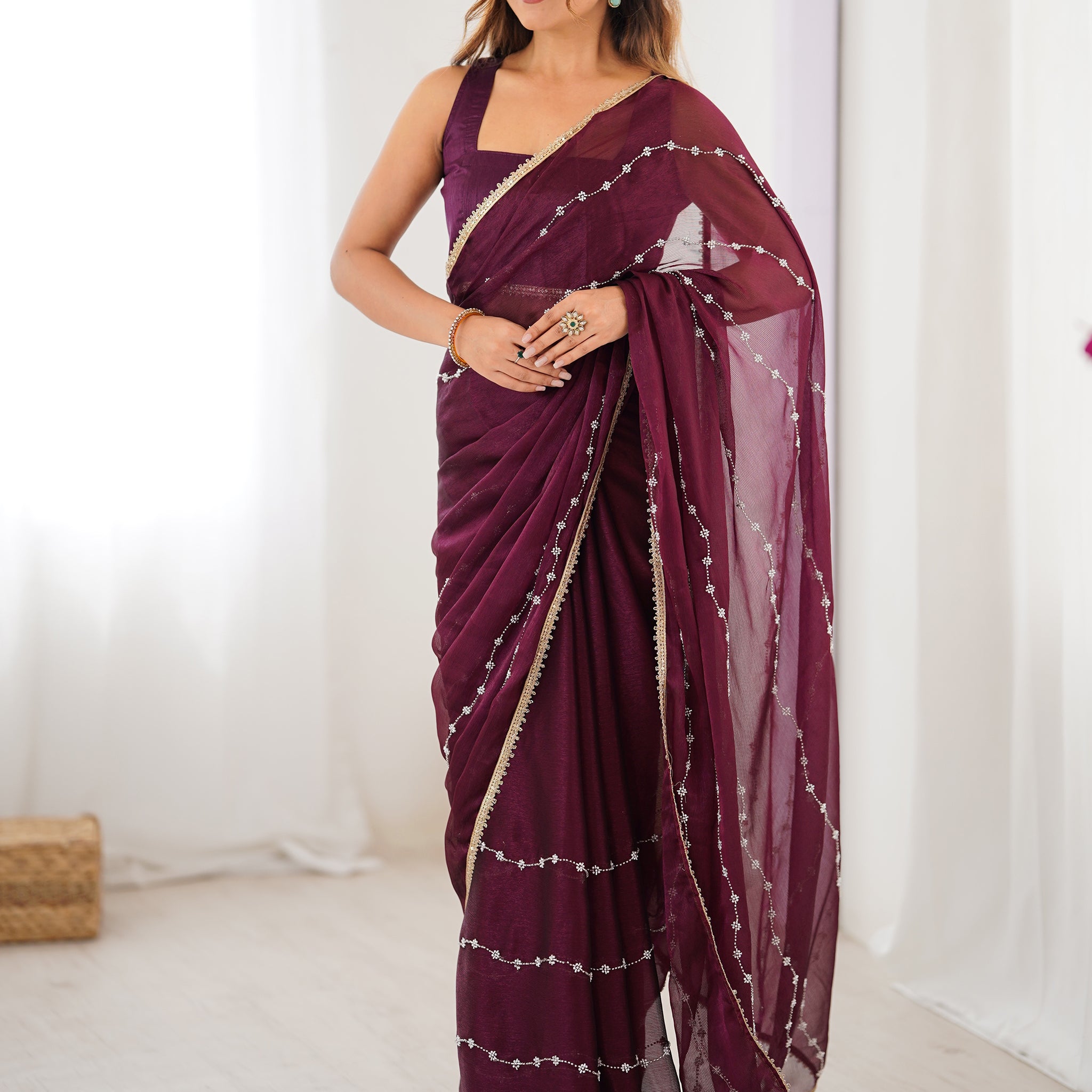 Mesmerizing Wine Sequins Chiffon Reception Wear Saree With Blouse