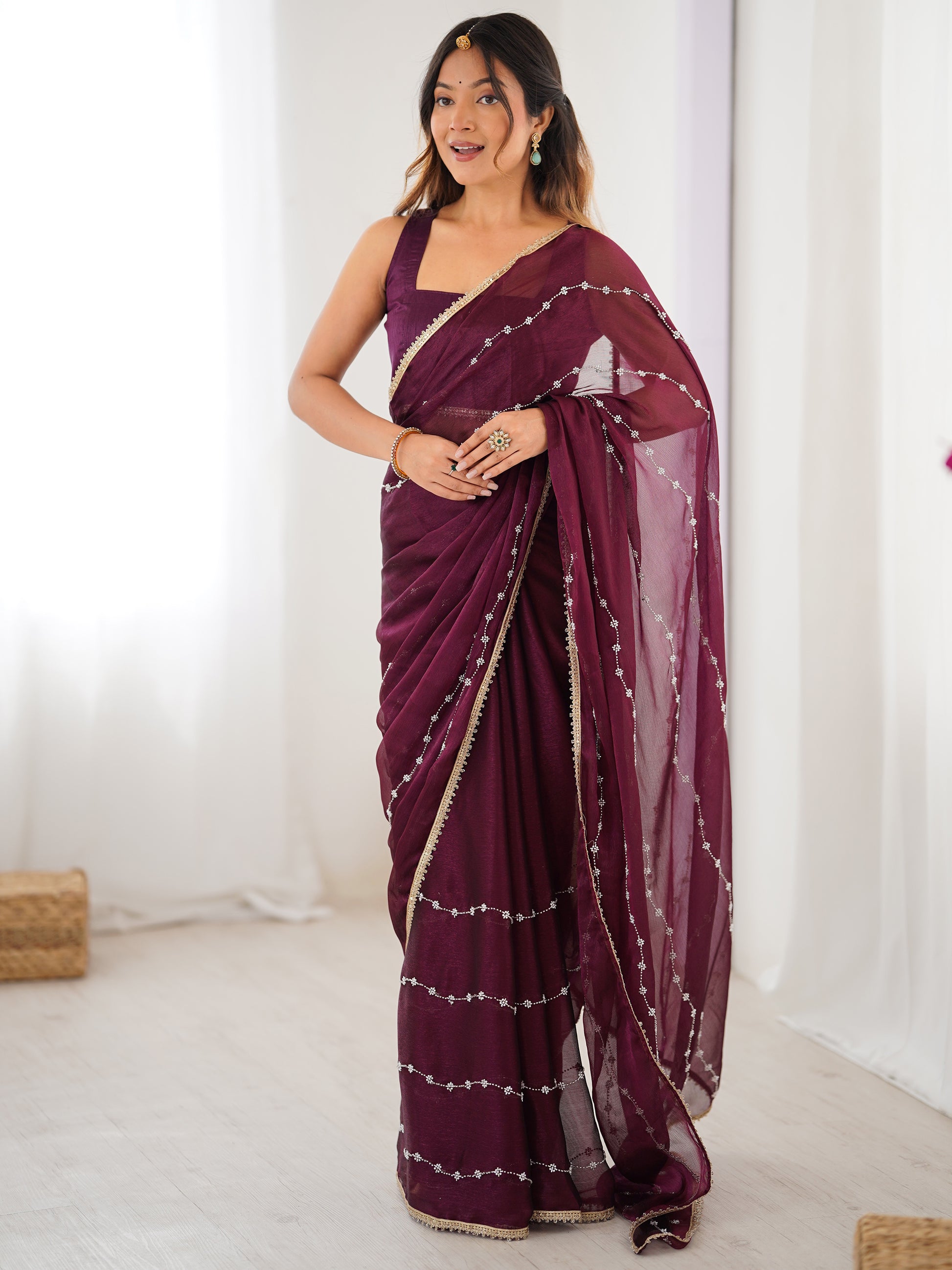 Mesmerizing Wine Sequins Chiffon Reception Wear Saree With Blouse