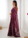 Mesmerizing Wine Sequins Chiffon Reception Wear Saree With Blouse