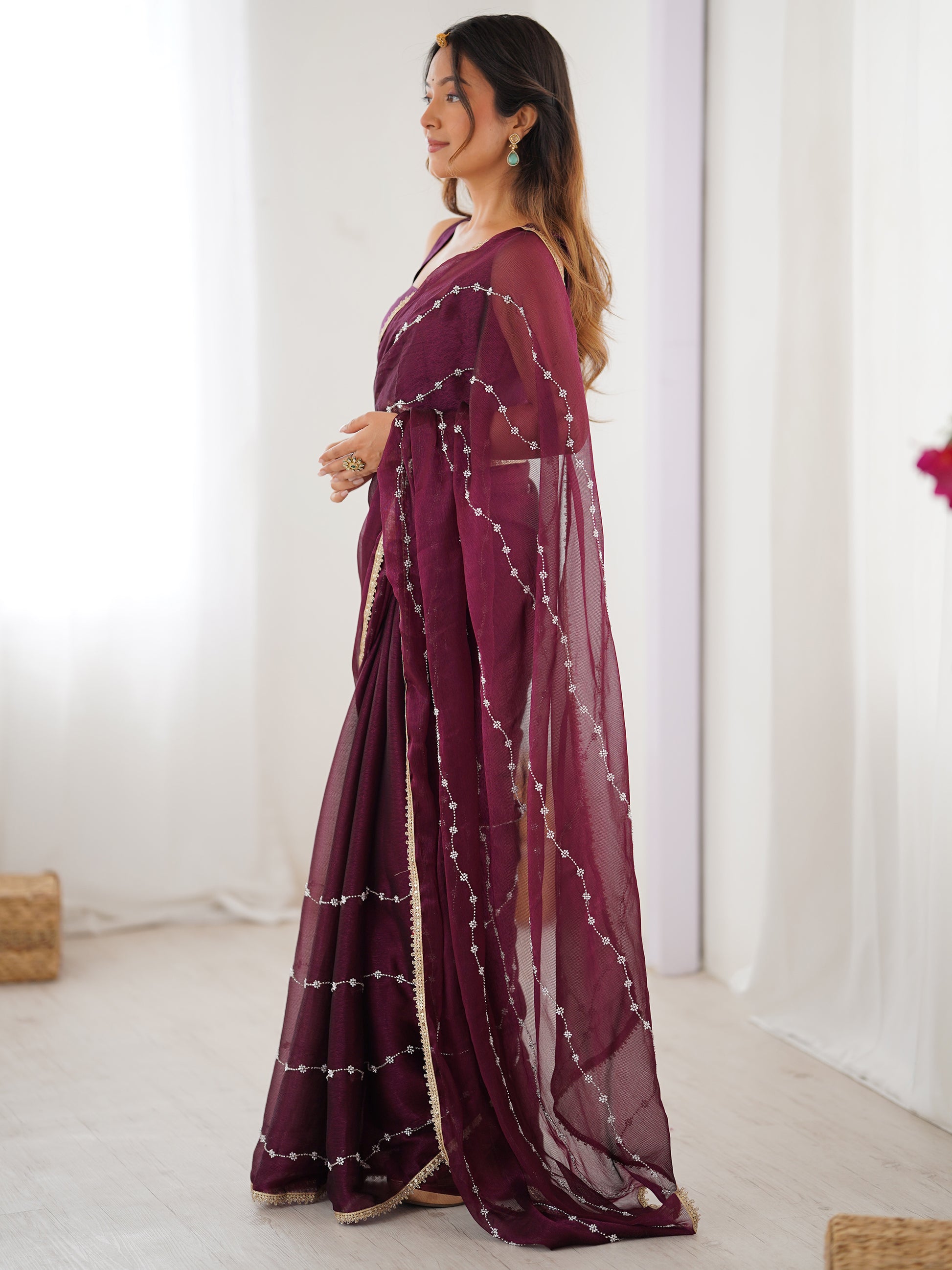 Mesmerizing Wine Sequins Chiffon Reception Wear Saree With Blouse