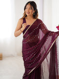 Mesmerizing Wine Sequins Chiffon Reception Wear Saree With Blouse