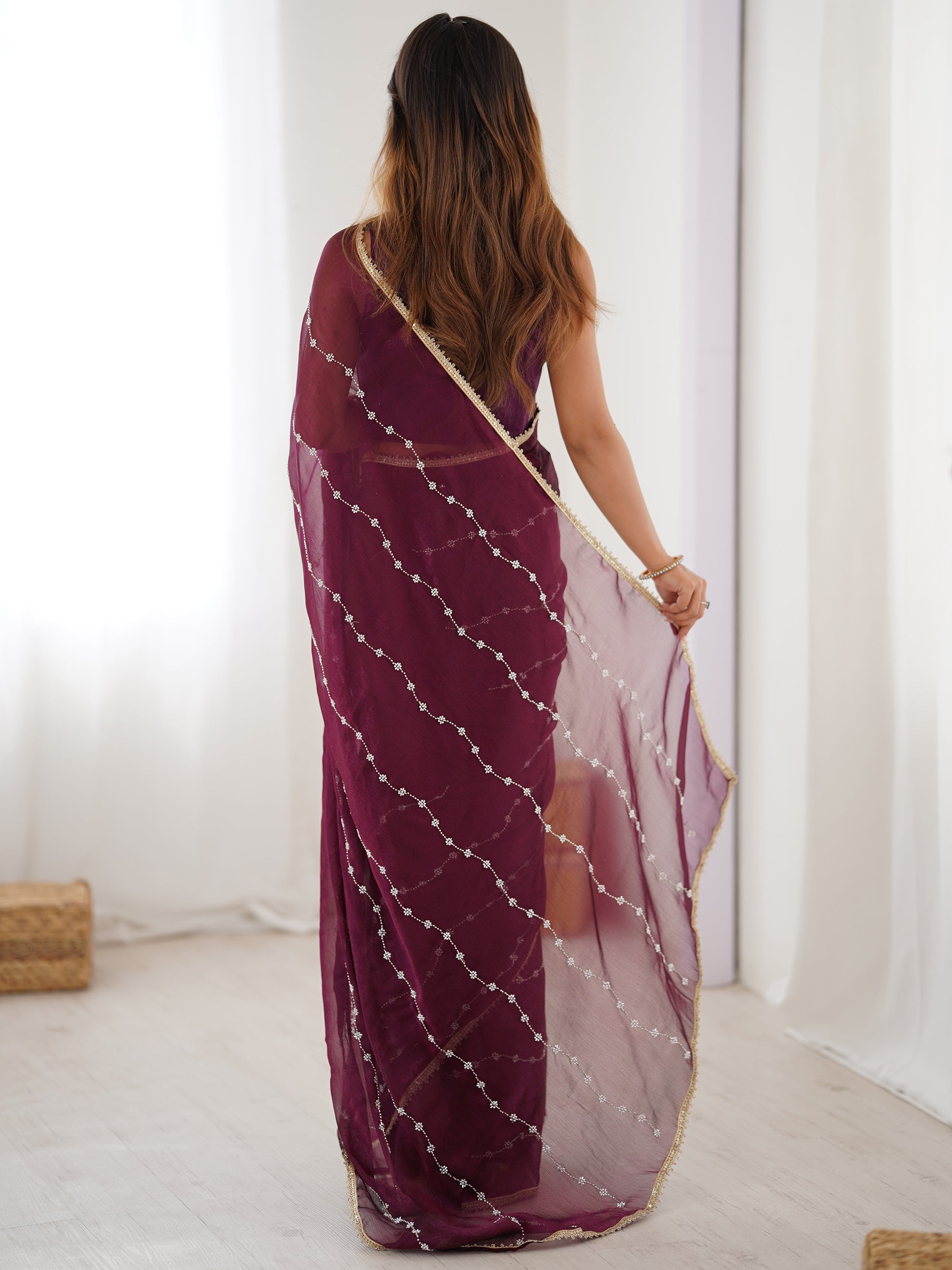 Mesmerizing Wine Sequins Chiffon Reception Wear Saree With Blouse