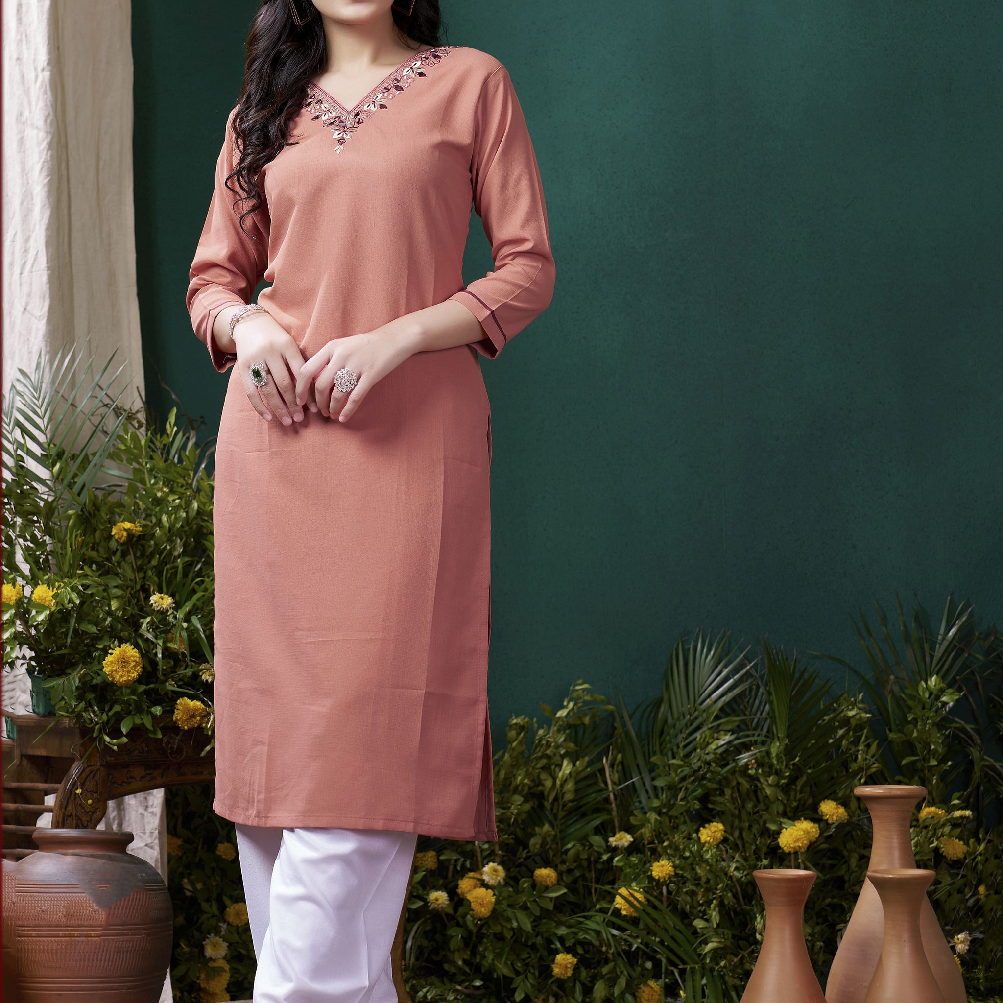 Precious Peach Embroidered Cotton Traditional Kurti With Pant