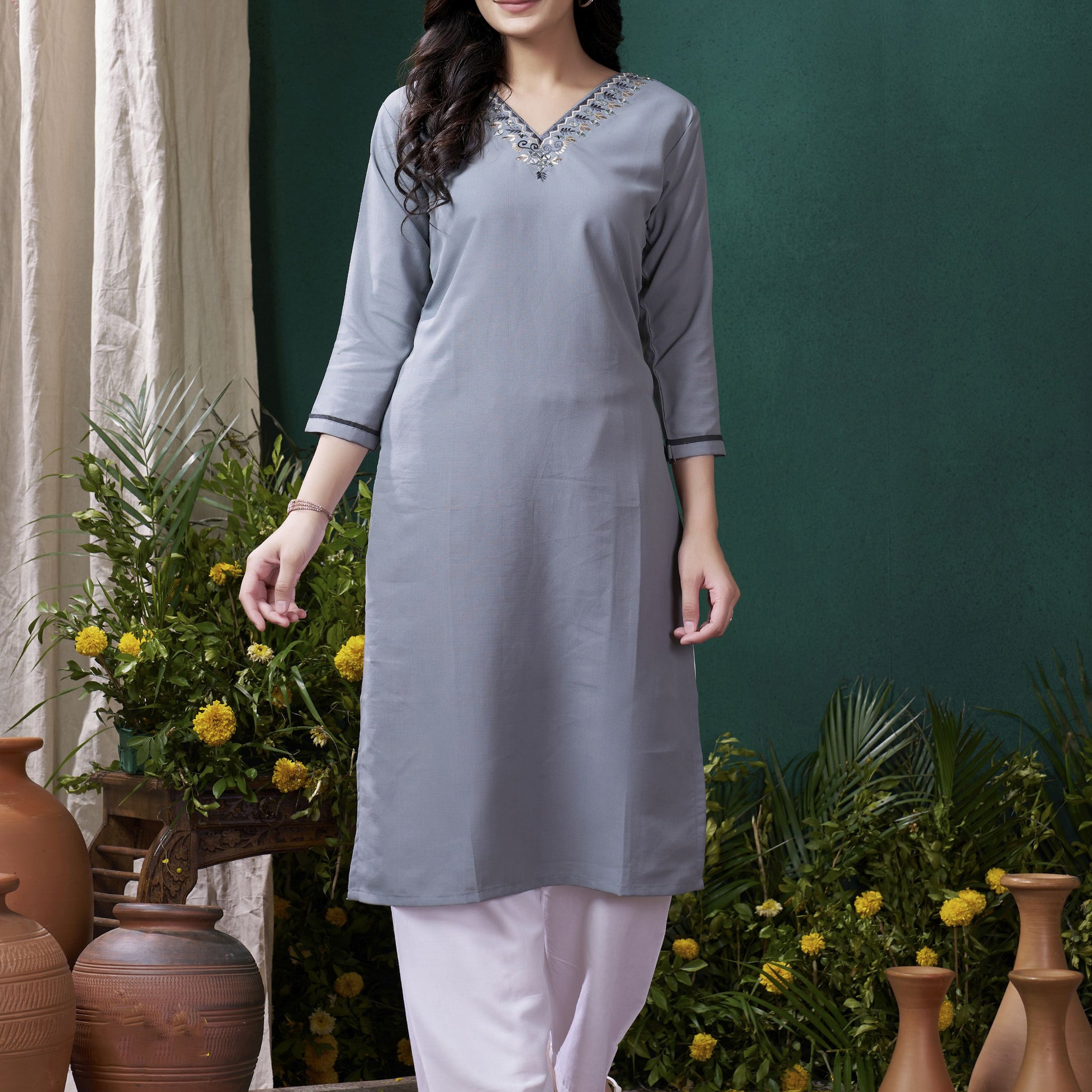 Charming Grey Embroidered Cotton Event Wear Kurti With Pant