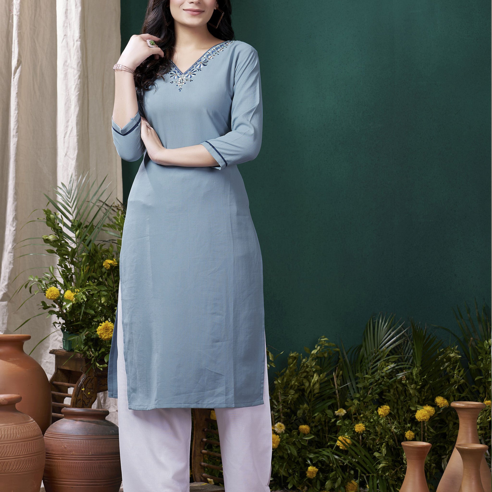 Amazing Dusty Blue Embroidered Cotton Casual Wear Kurti With Pant