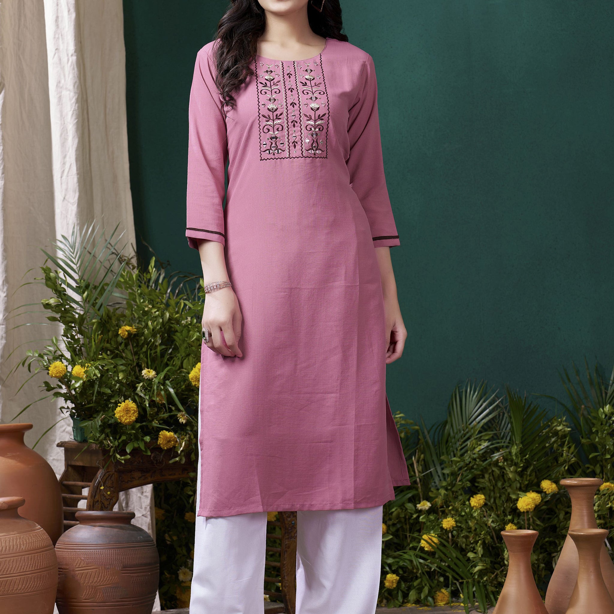 Adorable Mauve Embroidered Cotton Festival Wear Kurti With Pant