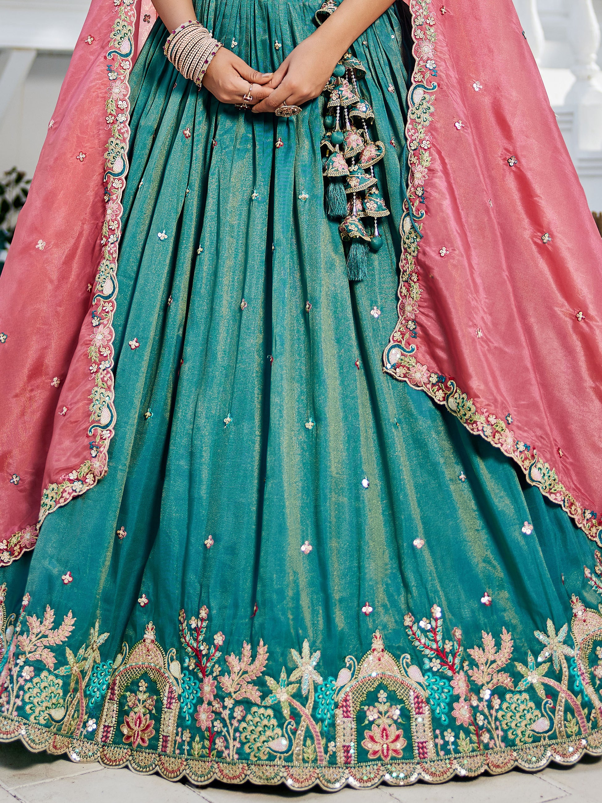 Incredible Sea-Green Sequins Satin Lehenga Choli With Dupatta