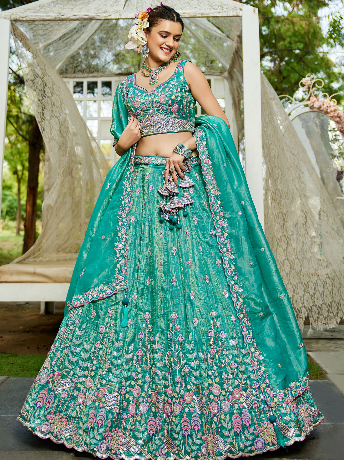 Beauteous Sea-Green Sequins Silk Lehenga Choli With Dupatta
